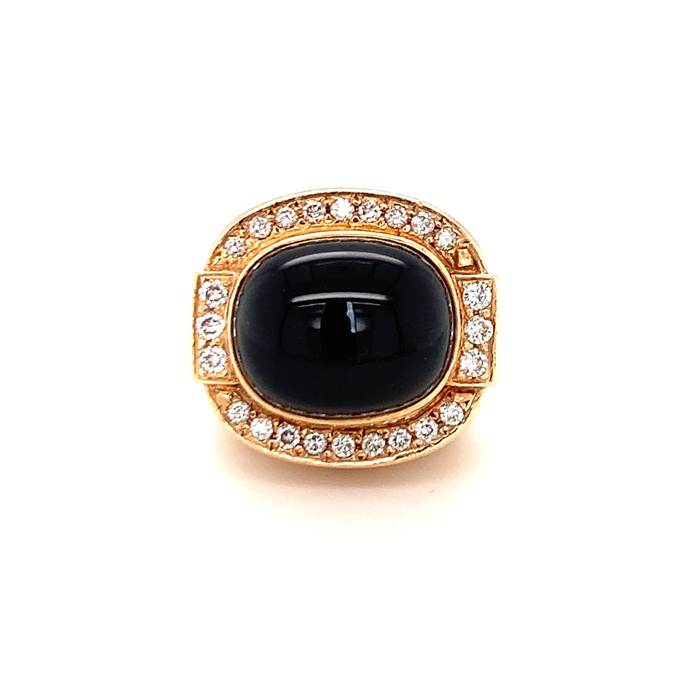 1970s Black Onyx & Diamond Dome Ring in 14K and 18K Yellow Gold, Tiered Design
