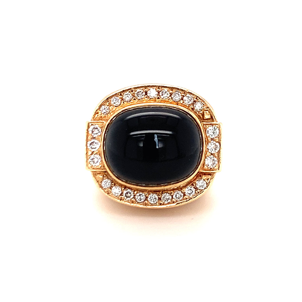 1970s Black Onyx & Diamond Dome Ring in 14K and 18K Yellow Gold, Tiered Design