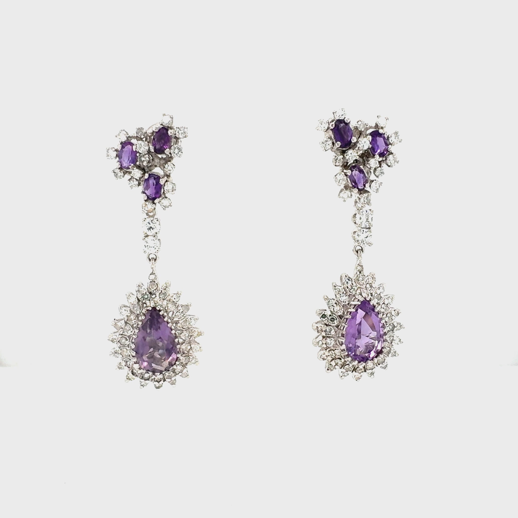 Mid-Century Amethyst and Diamond Dangle Earrings, 14K White Gold