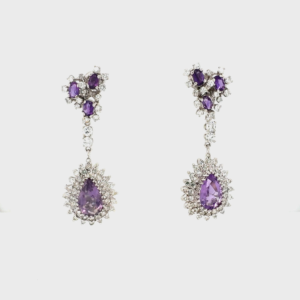 Mid-Century Amethyst and Diamond Dangle Earrings, 14K White Gold