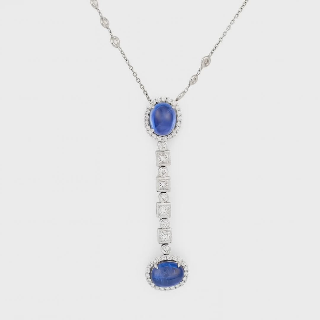 Sapphire & Diamond 18K White Gold Drop Pendant — 10ct Cabochons, 20th Century