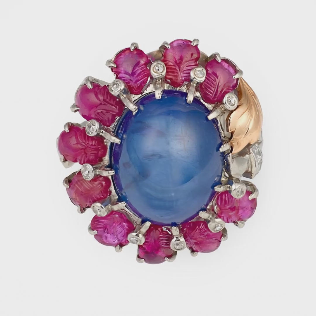 Mid-Century Sapphire, Carved Ruby & Diamond Platinum Ring, 18ct, 1950s