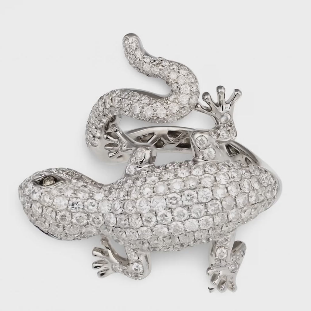 Vintage 1970s Diamond Pave Salamander Ring, 2.82ct, 18K White Gold, Figural Liza