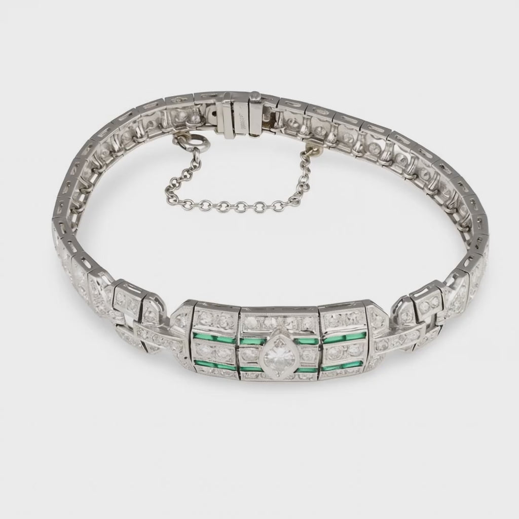 Art Deco Diamond & Emerald Platinum Bracelet, 4ct, Circa 1920s