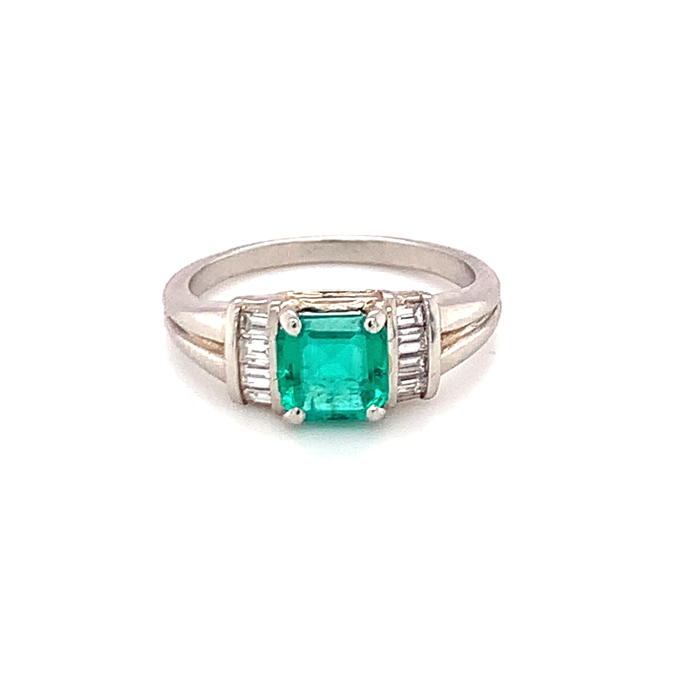 Contemporary Emerald and Diamond Platinum Ring, 1ct Square Step-Cut Emerald