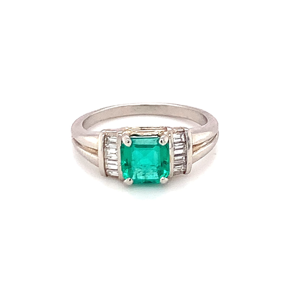 Contemporary Emerald and Diamond Platinum Ring, 1ct Square Step-Cut Emerald