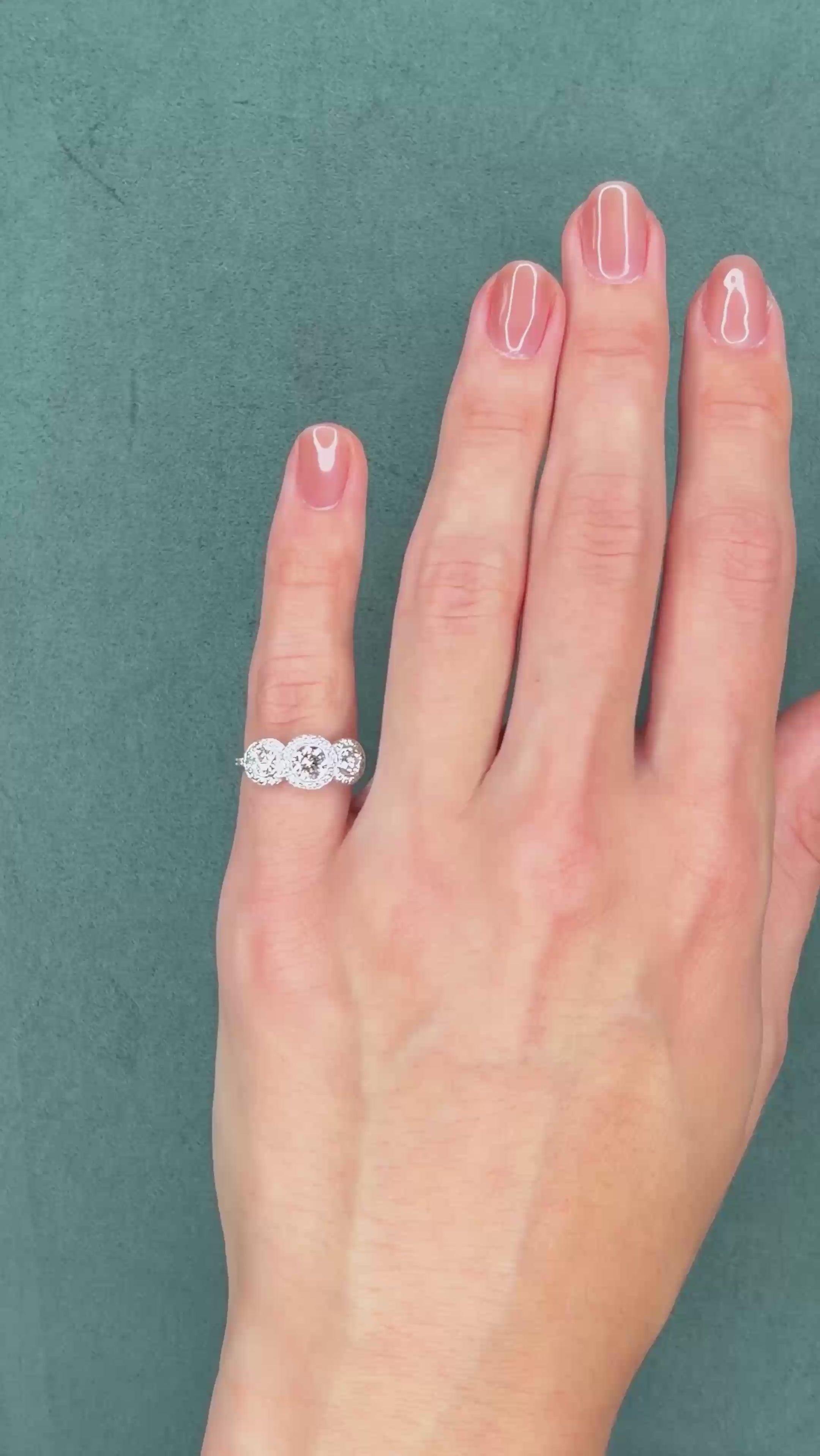 Three-Stone Diamond Halo Ring, 0.65 ct Center, 18K White Gold