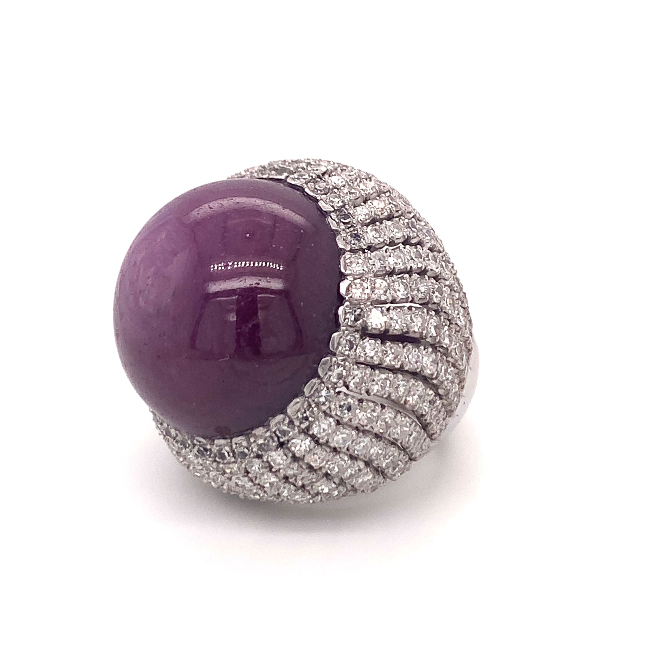 GIA-Certified 78.67ct Star Ruby and Diamond Bombé Ring in 14K White Gold, No-Hea