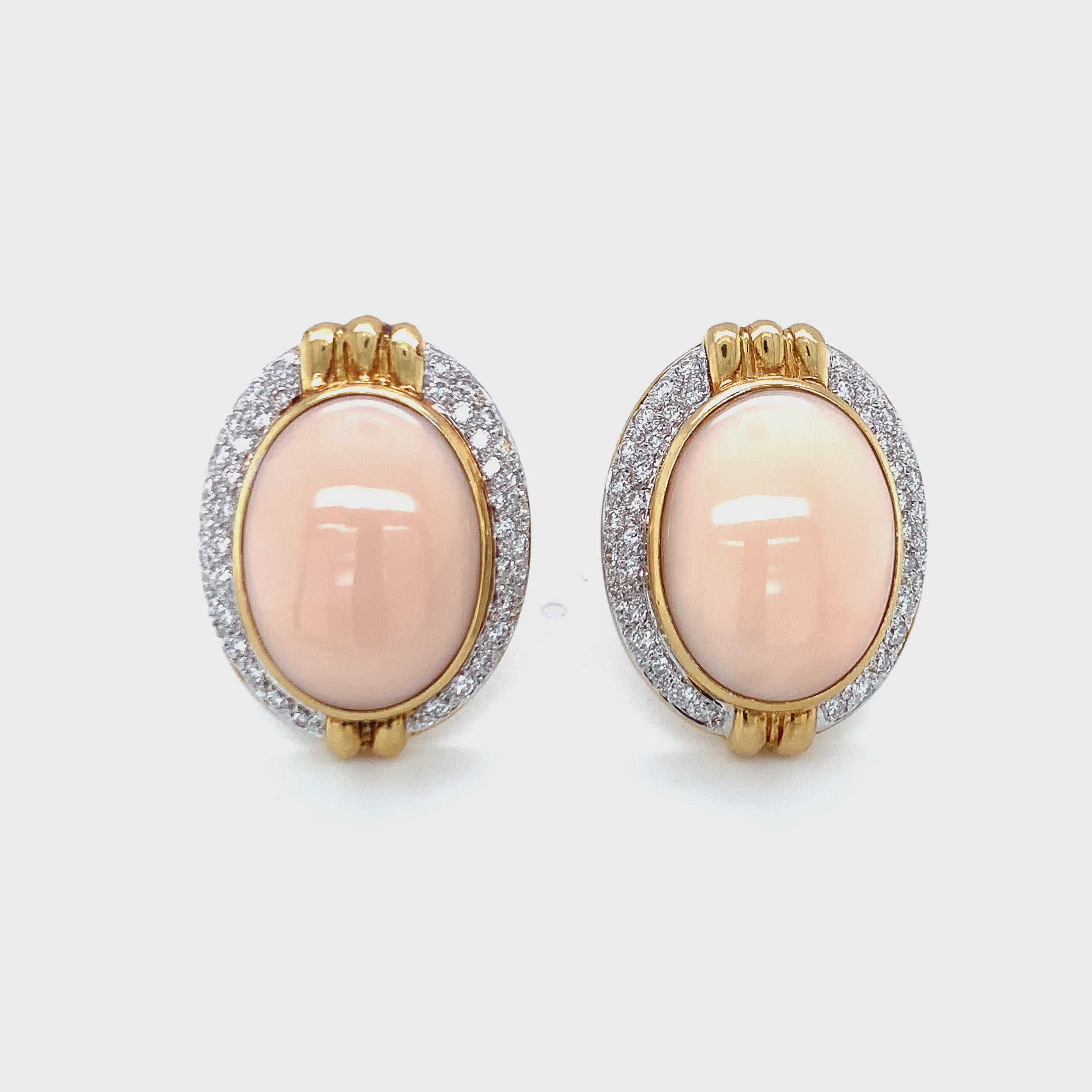 Angel Skin Pink Coral and Diamond 18K Yellow Gold Earrings, Circa 1960s