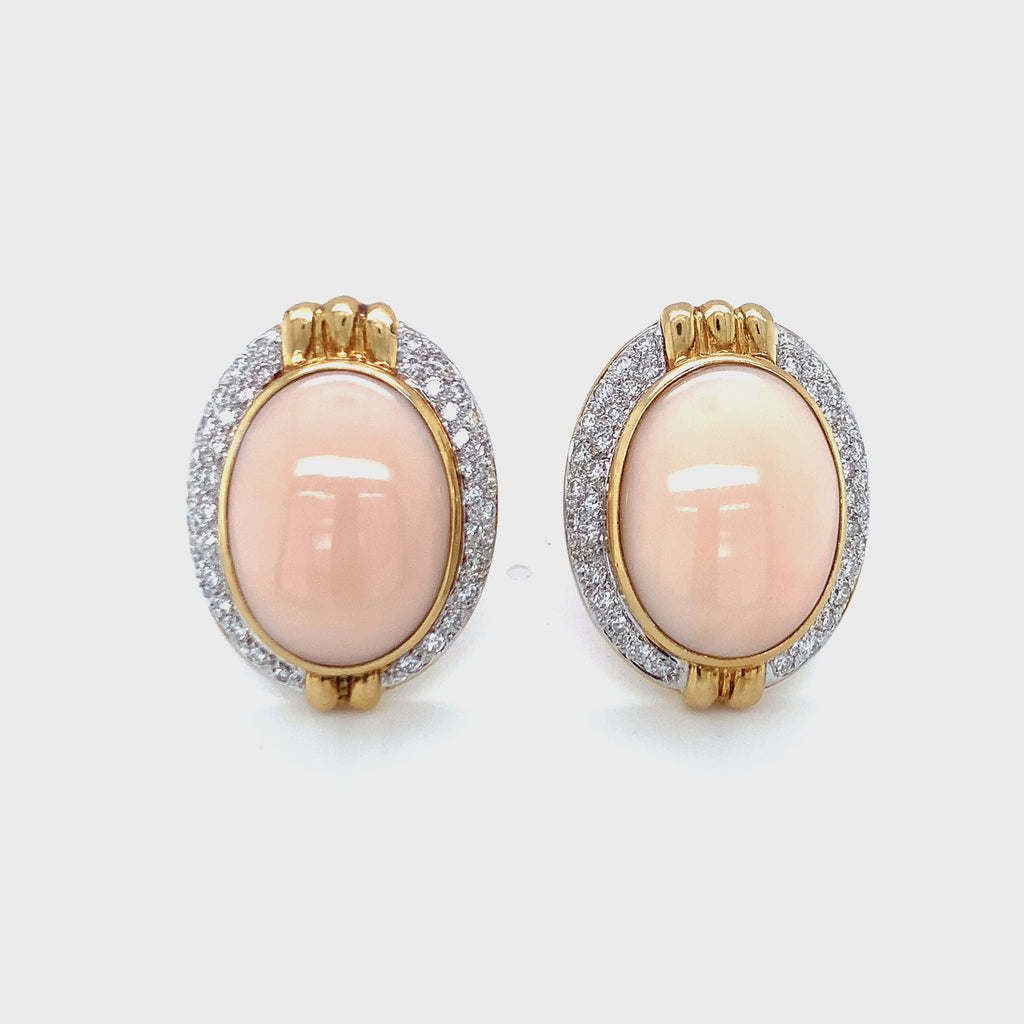 Angel Skin Pink Coral and Diamond 18K Yellow Gold Earrings, Circa 1960s