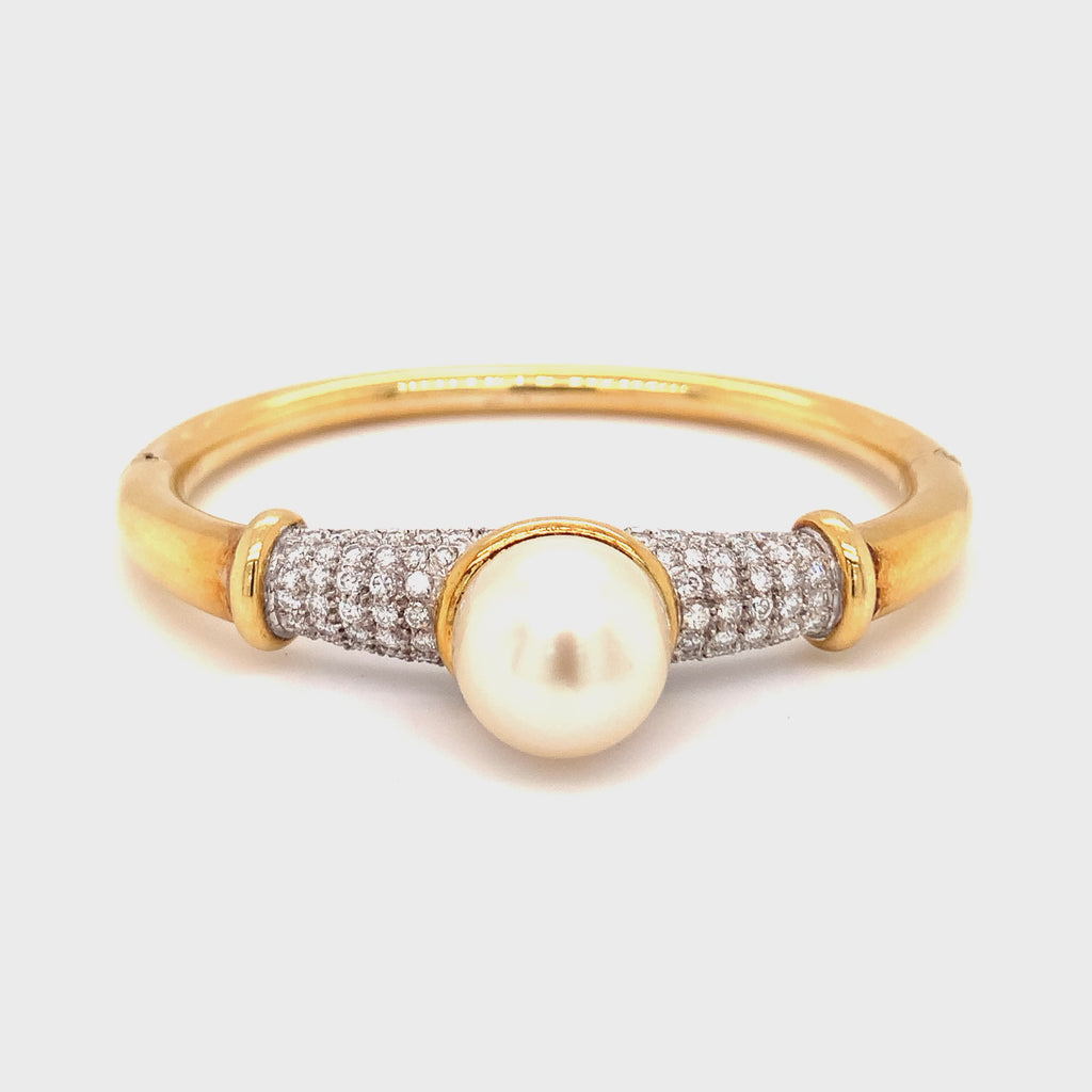 South Sea Pearl and Diamond 18K Yellow Gold Bangle, Circa 1970s