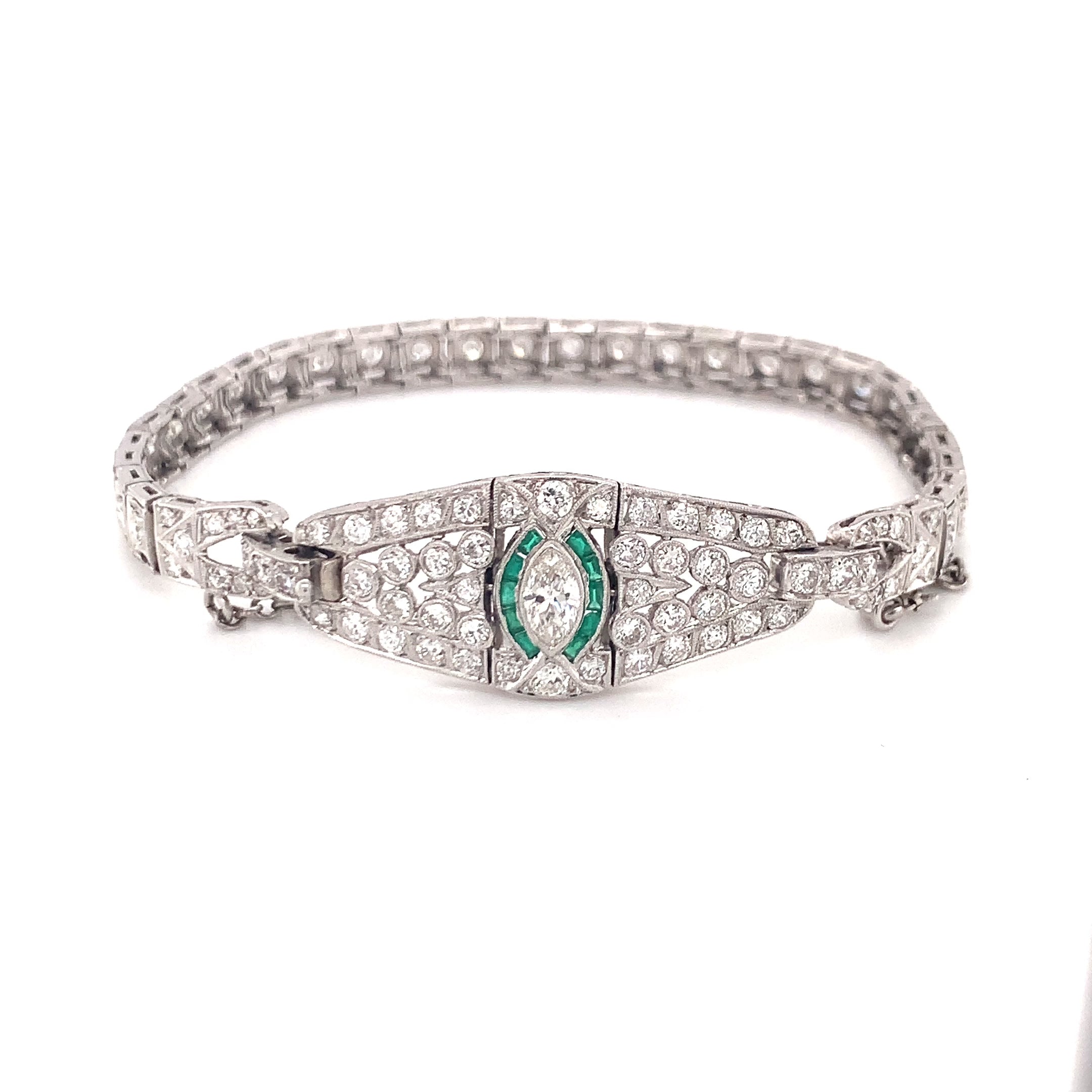 Art Deco Diamond and Emerald Platinum Bracelet, Circa 1920s