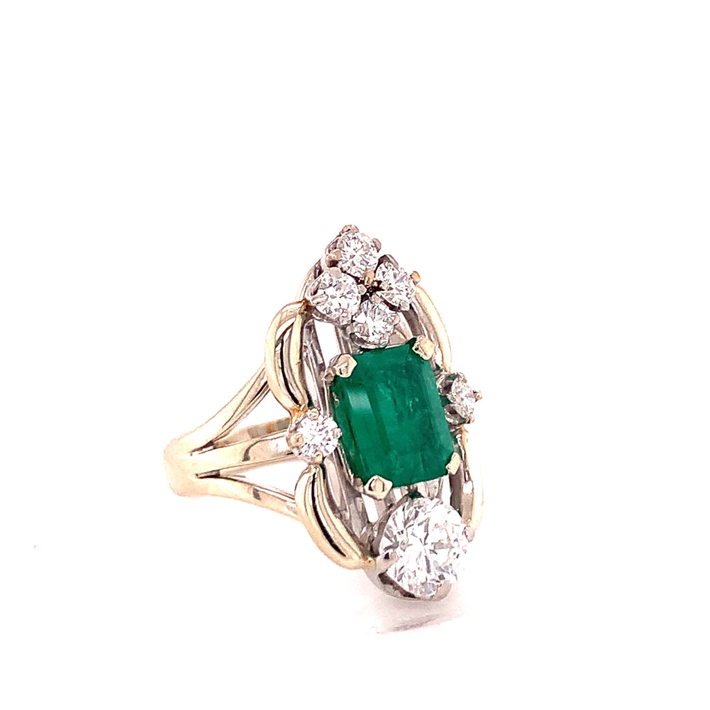 Russian-Origin Emerald and Diamond Ring in 14K White Gold, GIA-Certified, Circa