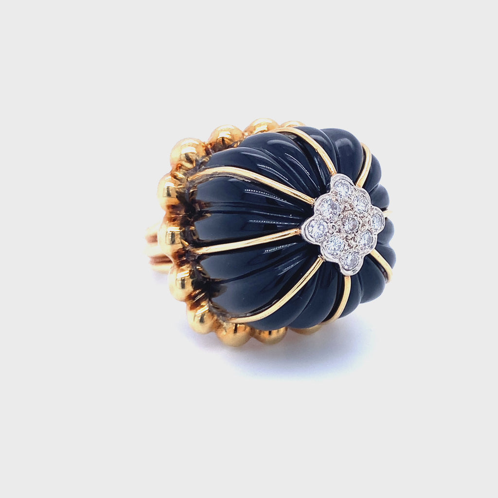 Black Onyx and 0.3ct Diamond 18K Yellow Gold Dome Ring, Circa 1970s