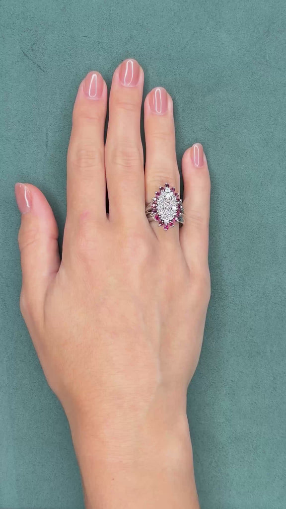 0.94ct Diamond and 0.64ct Ruby Cluster Ring, 14K White Gold, Circa 1960s