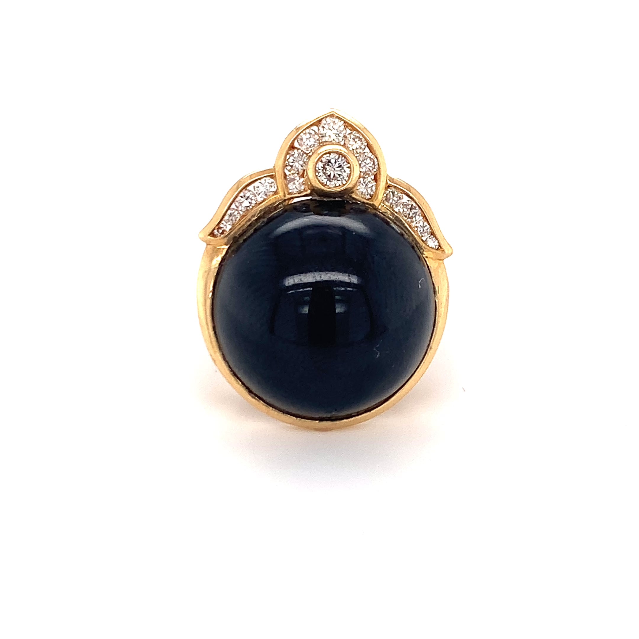 Black Onyx and Diamond 18K Yellow Gold Ring, Crown Motif, Circa 1970s