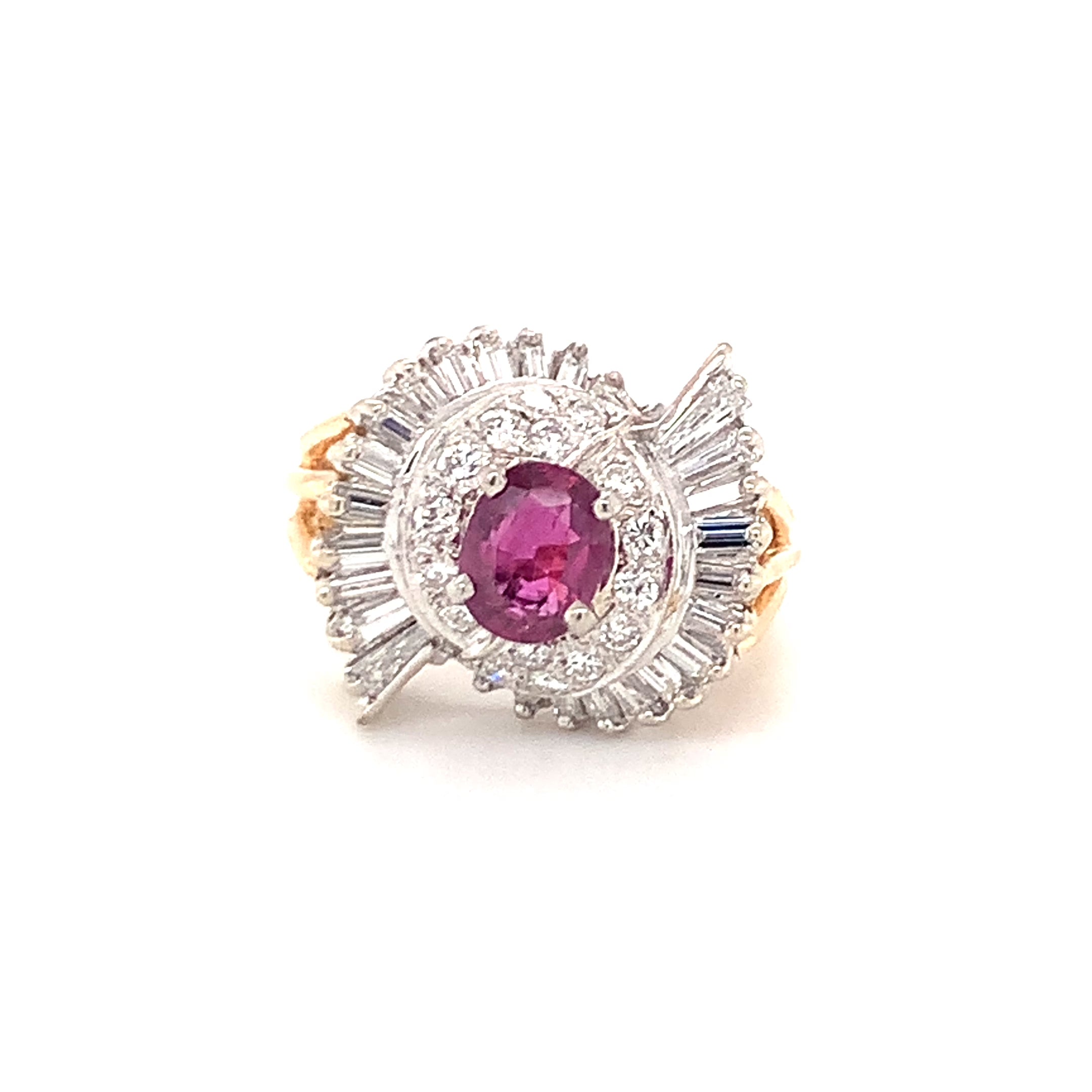 Vintage Mid-Century Ruby and 1.25ct Diamond Ballerina Ring, 1.5ct Ruby, 14K Two-Tone Gold