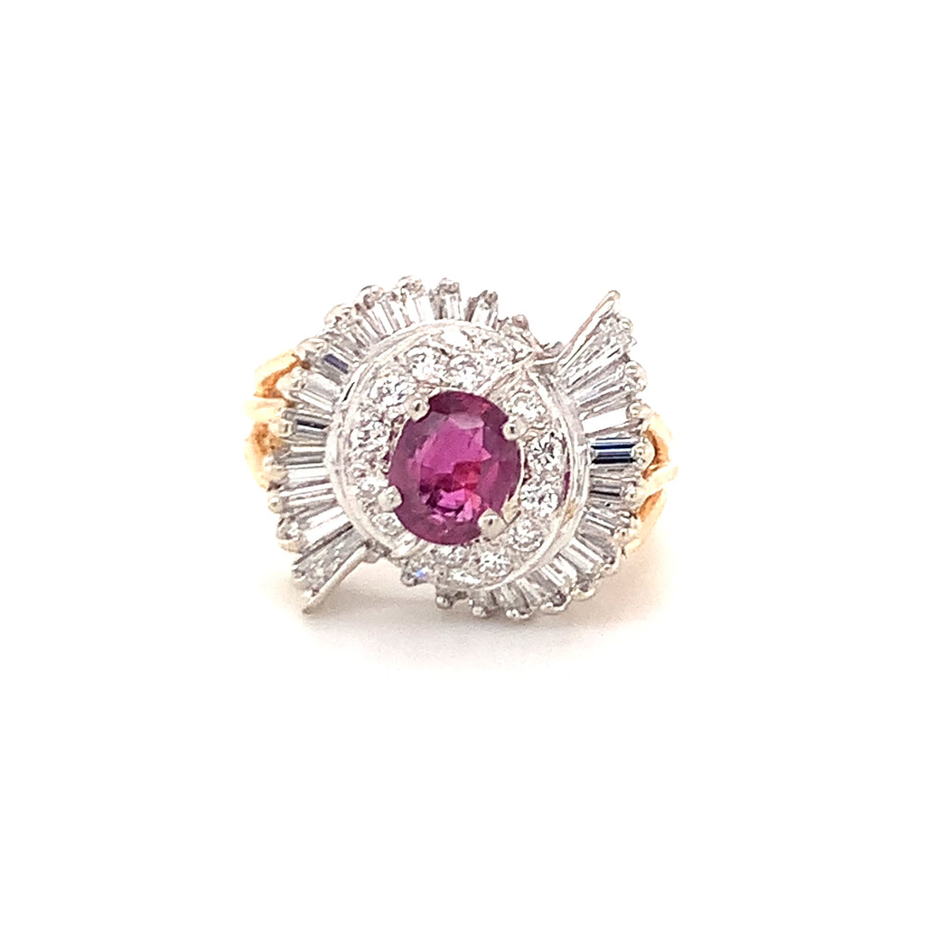 Vintage Mid-Century Ruby and 1.25ct Diamond Ballerina Ring, 1.5ct Ruby, 14K Two-Tone Gold