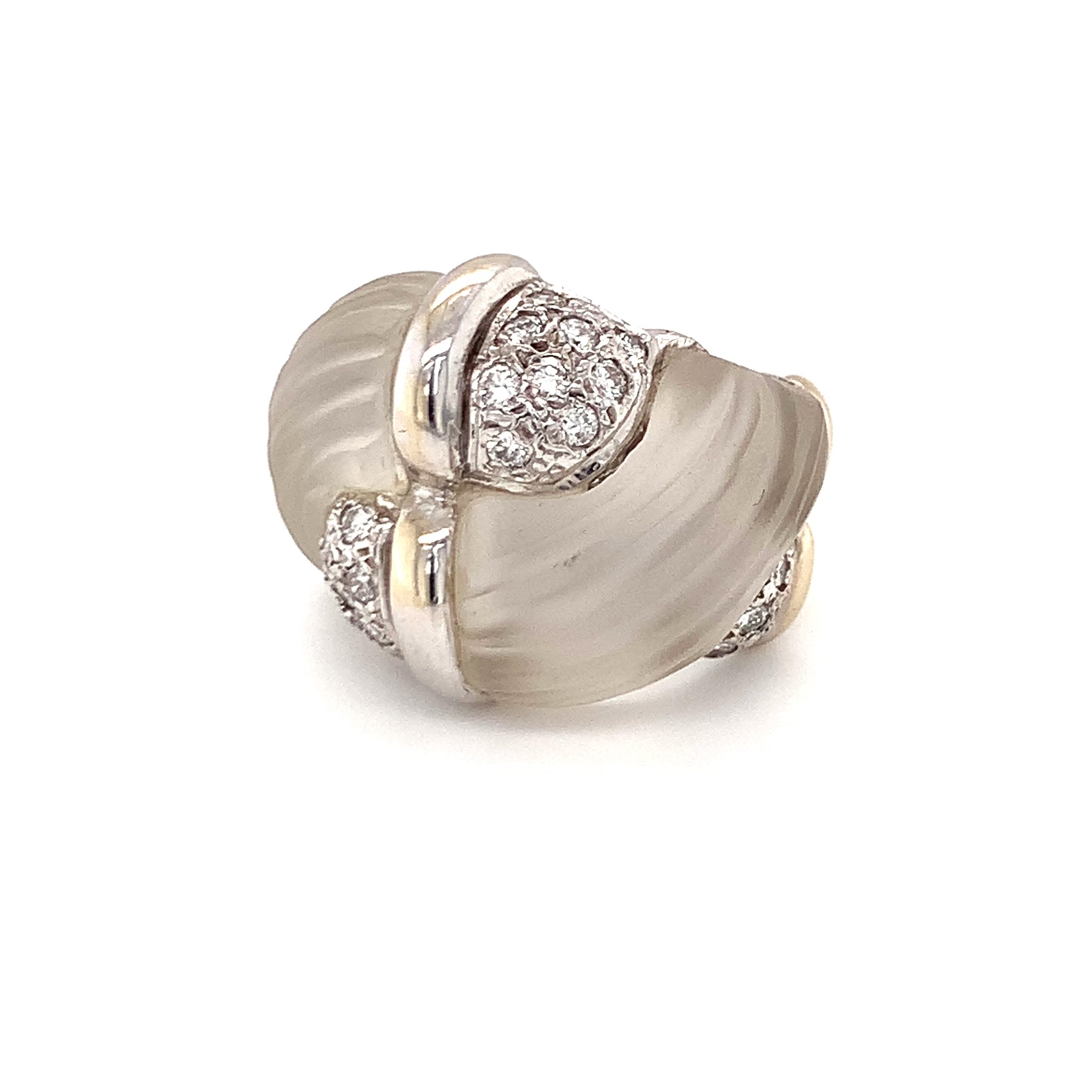 Fluted Rock Crystal Quartz and 0.6ct Diamond By-Pass Ring, 18K White Gold, Circa 1970s
