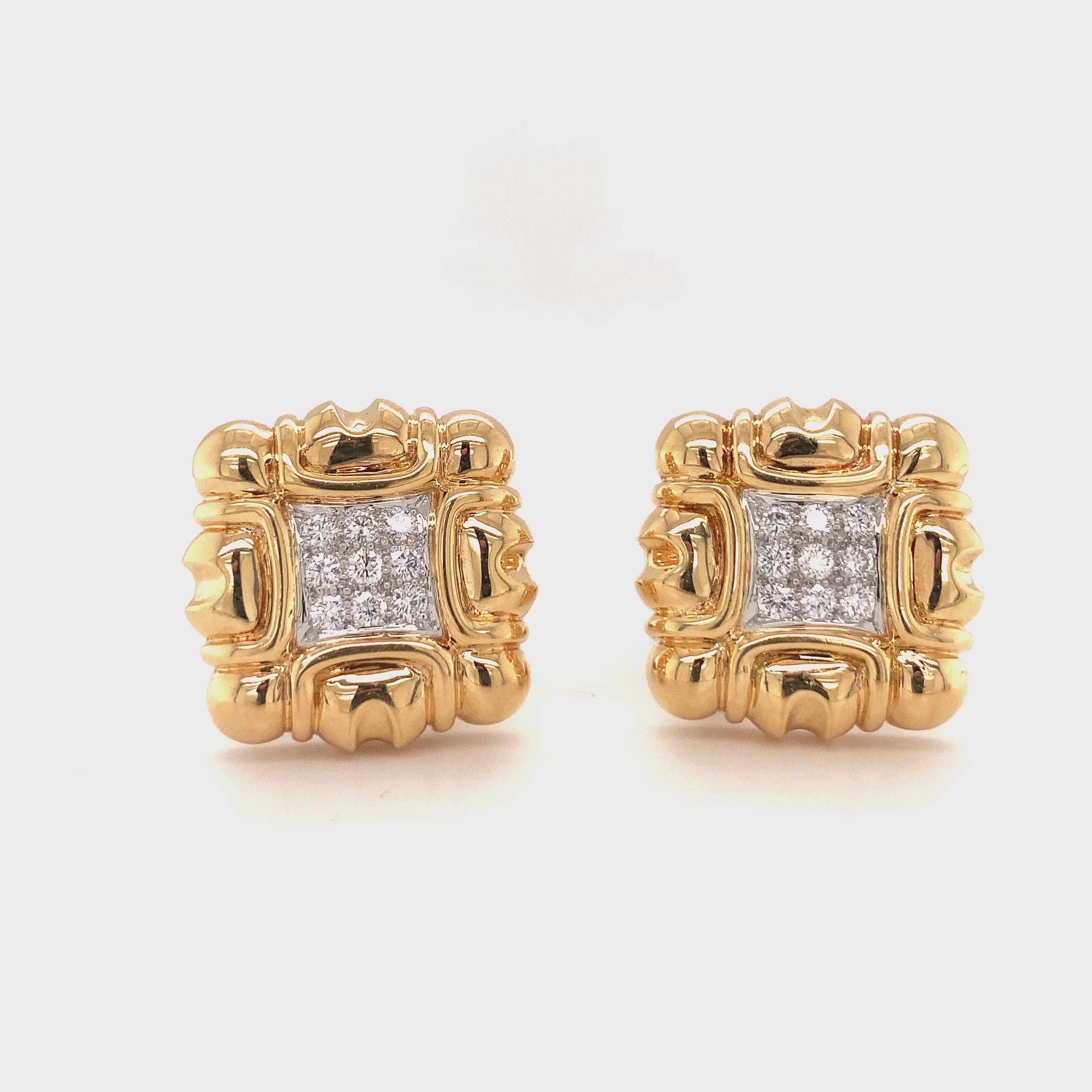 Fluted 18K Gold Diamond Earclips, Circa 1970s