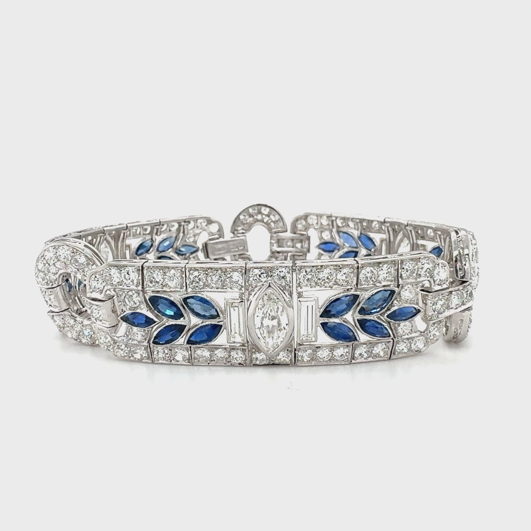 Art Deco Waslikoff & Sons Diamond and Sapphire Platinum Bracelet, Circa 1925