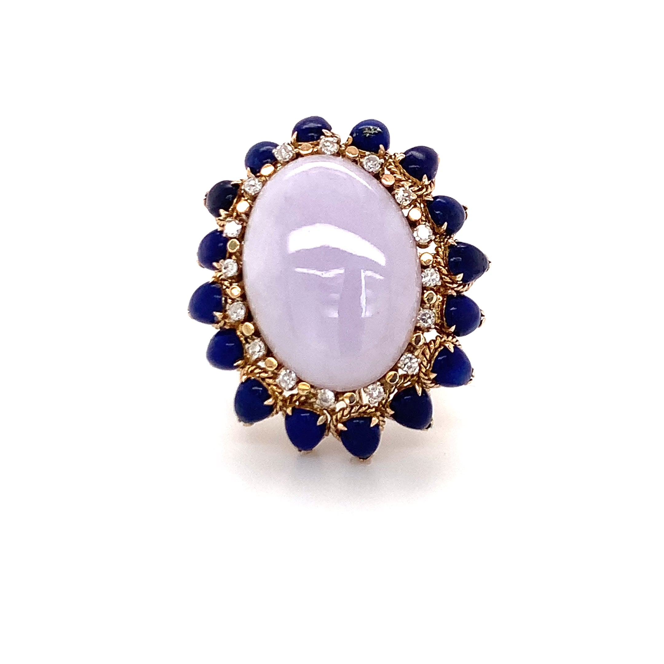 Lavender Jade, Lapis Lazuli & Diamond 14K Gold Cocktail Ring, 25ct, 1960s