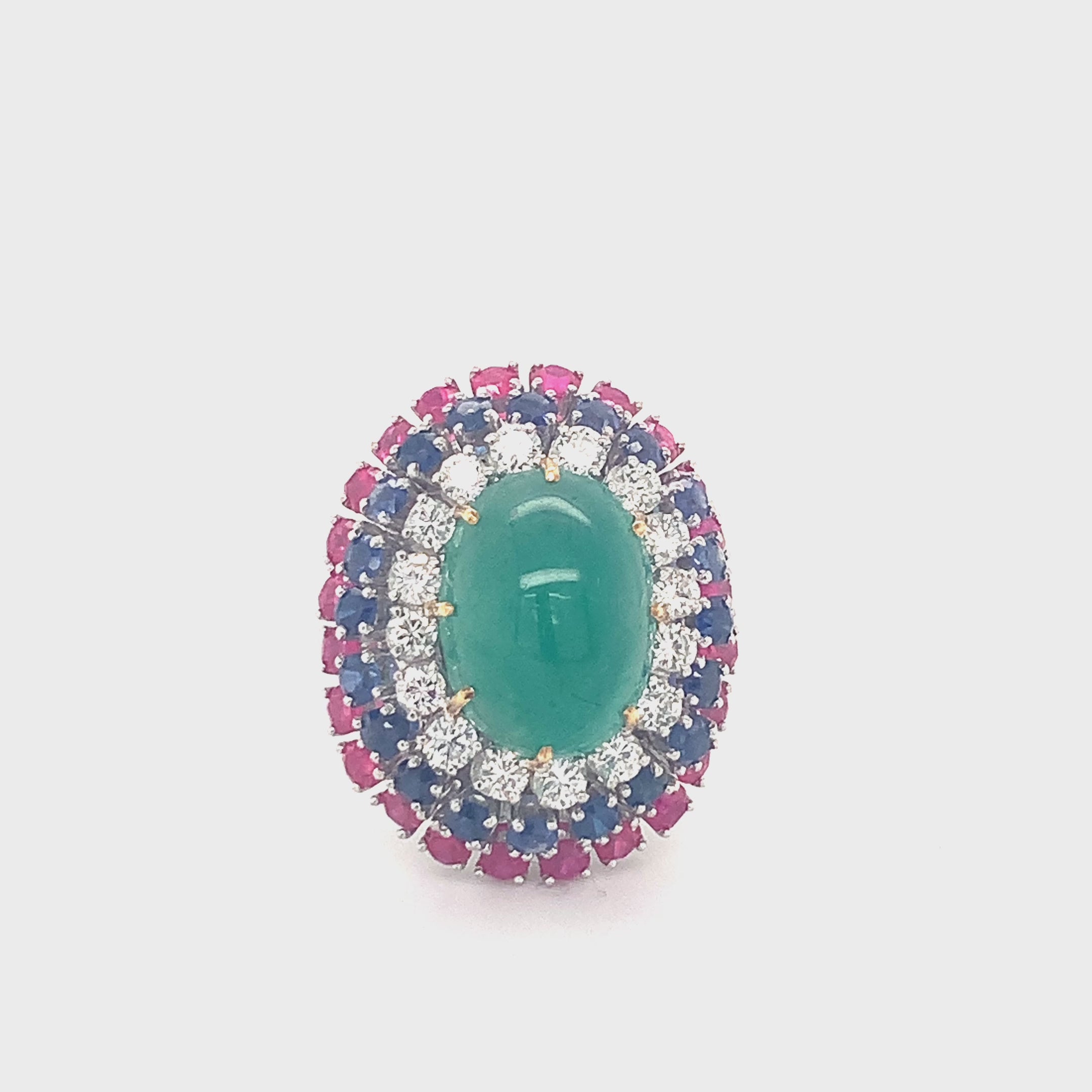 Multi-Gem Bombe Cocktail Ring, Cabochon Emerald, Ruby, Sapphire and Diamond, Pla