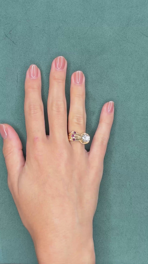 Retro 1940s Diamond and 0.25ct Ruby 14K Rose Gold Ring, 1.70ct Old European Cut Diamond