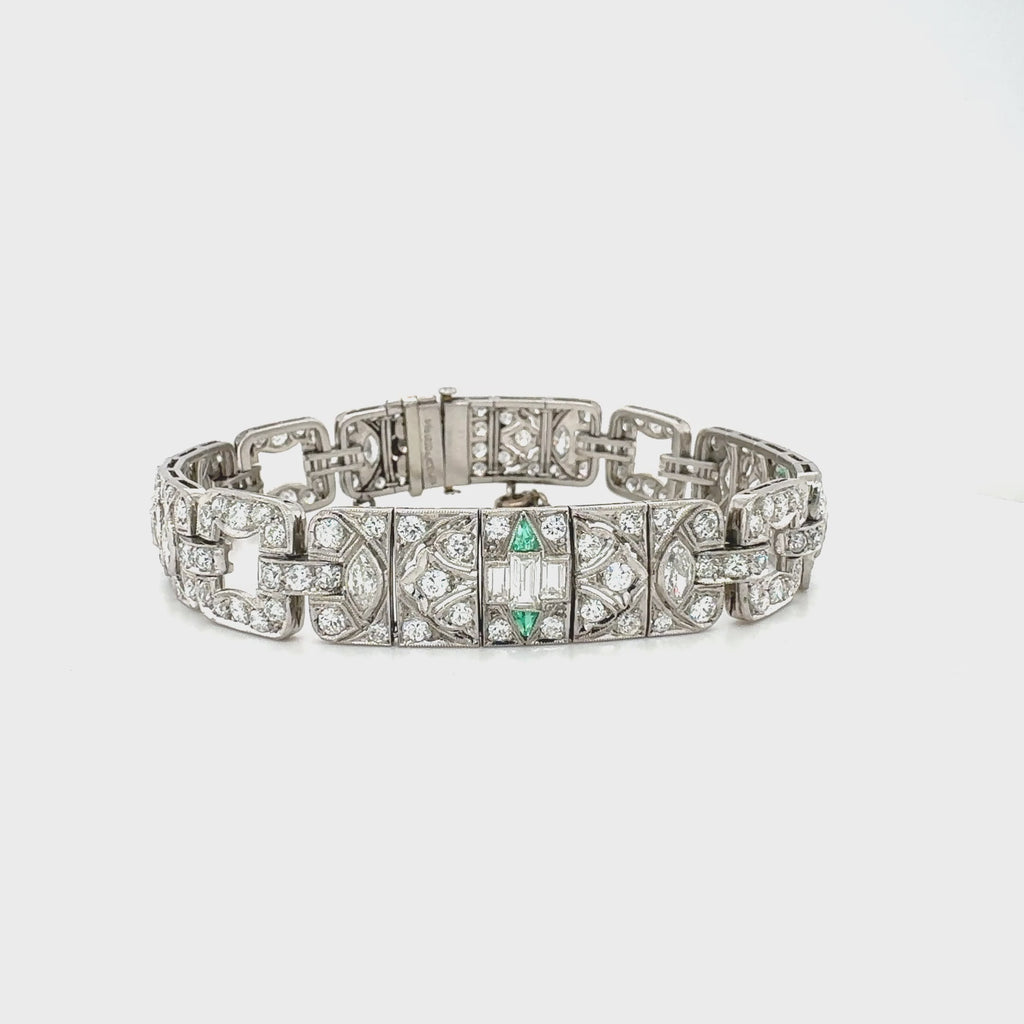 Art Deco Platinum Diamond & Emerald Bracelet, 7ct, 173 Diamonds, 1920s