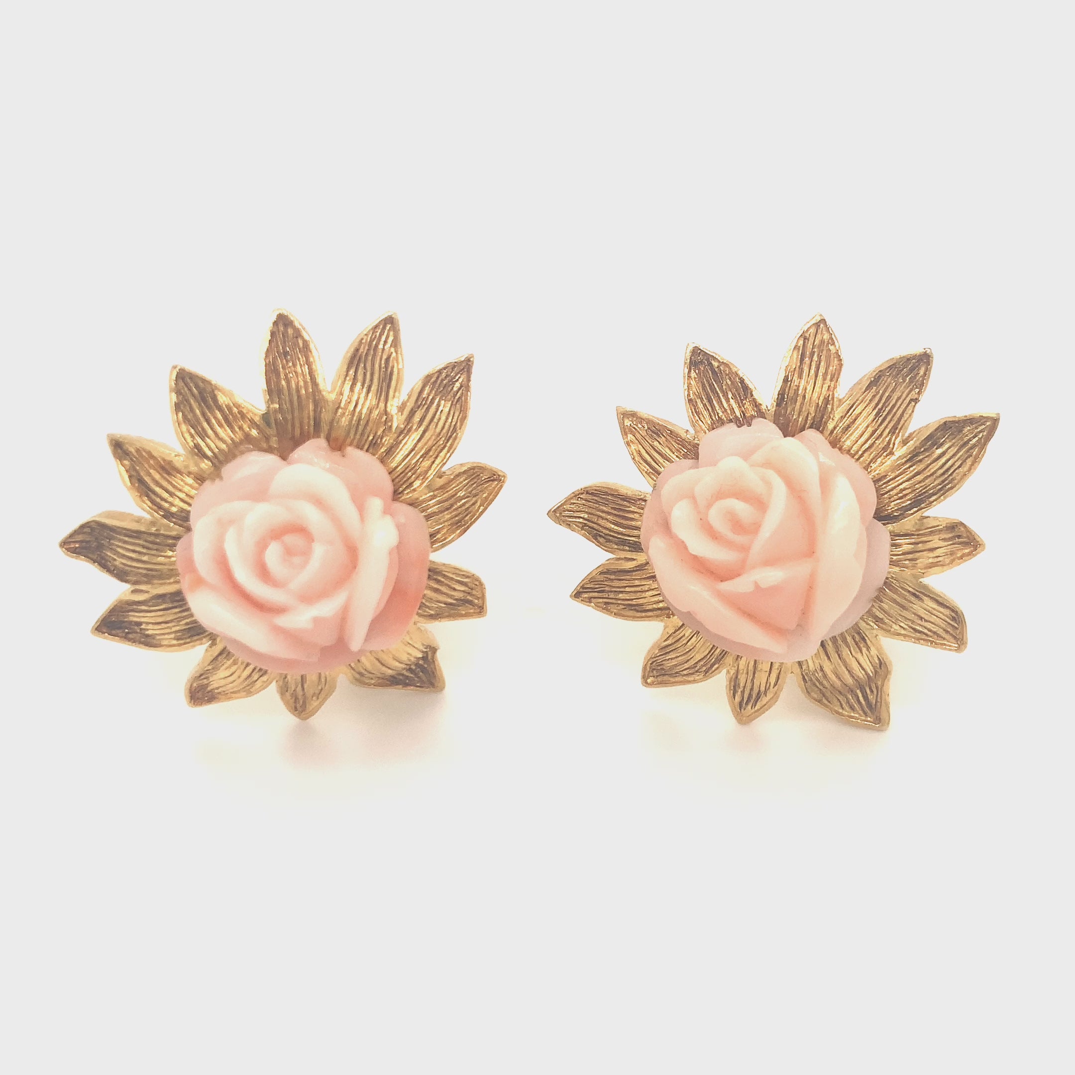 Pink Coral Floral 18K Yellow Gold Earclips, circa 1960s