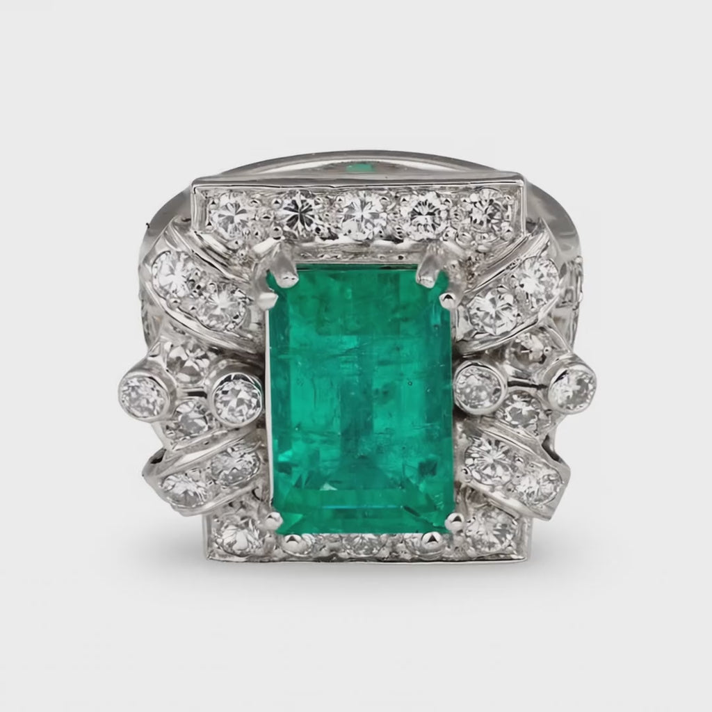 Art Deco Colombian Emerald & Diamond Platinum Ring — GIA 5.50ct