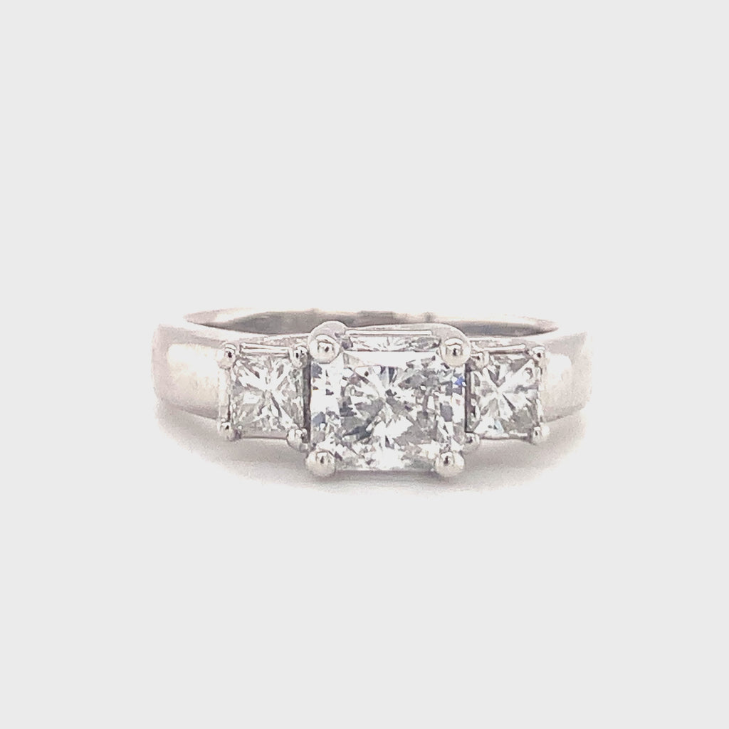 Three-Stone Radiant Cut Diamond Engagement Ring, Platinum, 1.21 ct