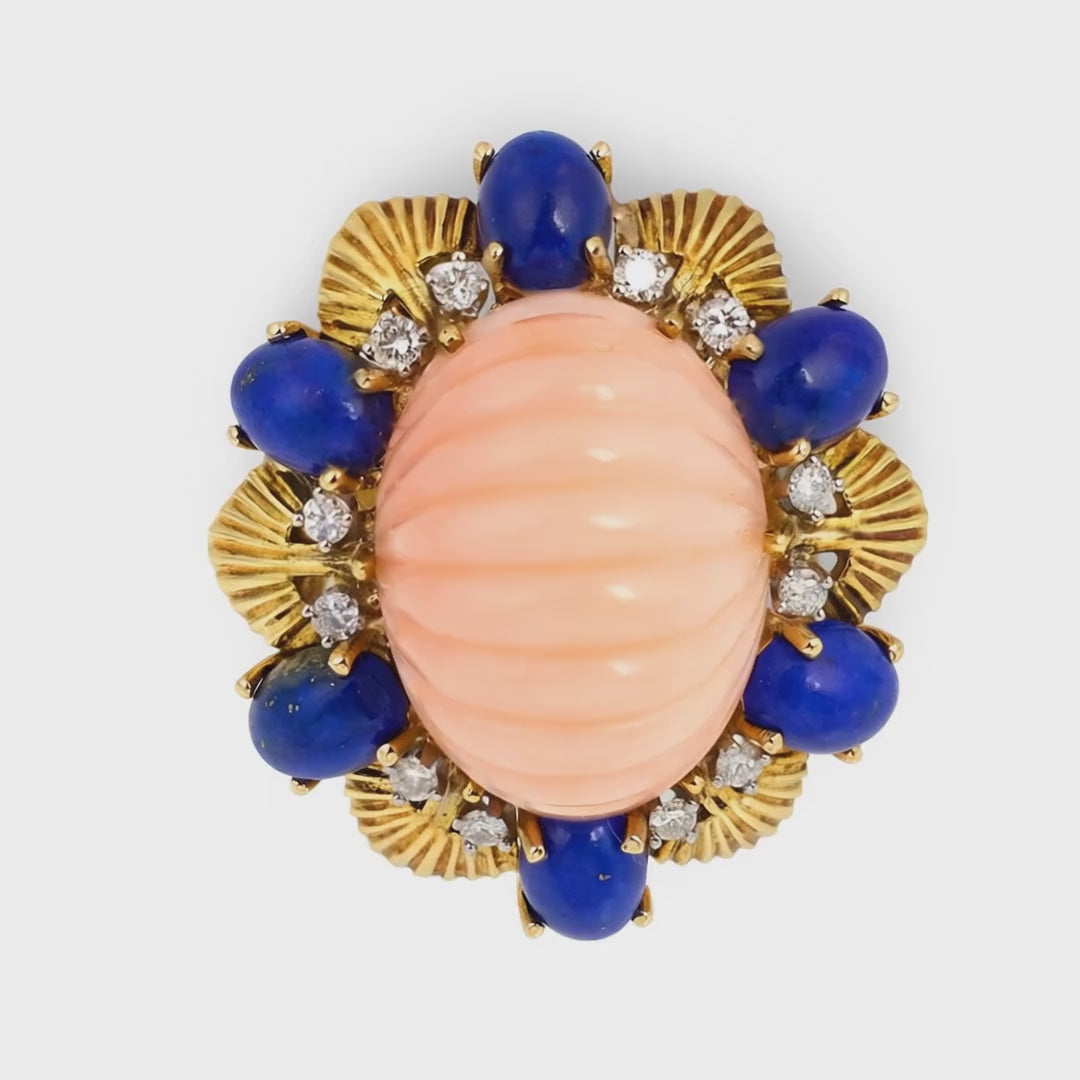Pink Coral, Lapis Lazuli and Diamond Ring in 18K Yellow Gold, Circa 1960s