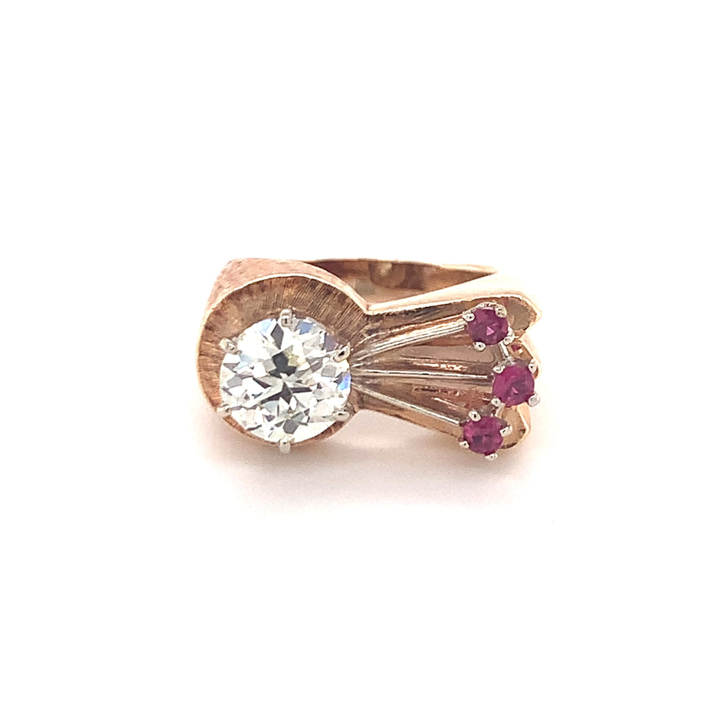 Retro 1940s Diamond and Ruby 14K Rose Gold Ring, 1.70ct Old European Cut Diamond