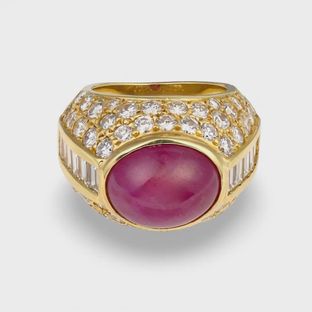 GIA Certified No-Heat 10ct Cabochon Ruby and Diamond 18K Yellow Gold Ring, circa