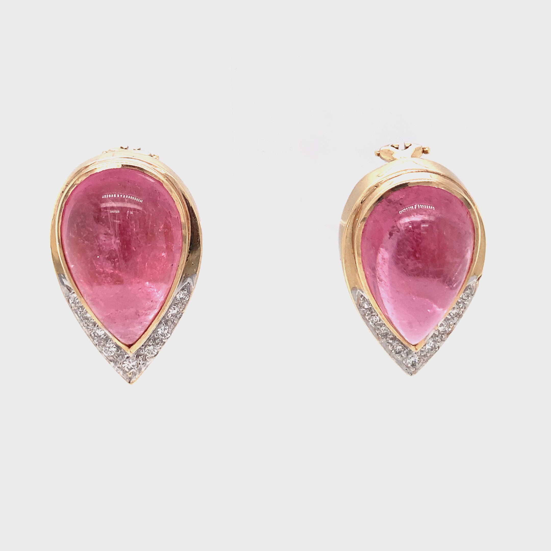 Pink Tourmaline and Diamond 14K Yellow Gold Earrings, circa 1970s