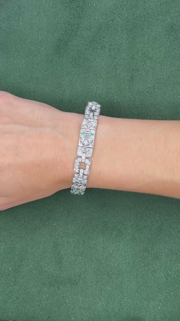 Art Deco Platinum Diamond & Emerald Bracelet, 7ct, 173 Diamonds, 1920s
