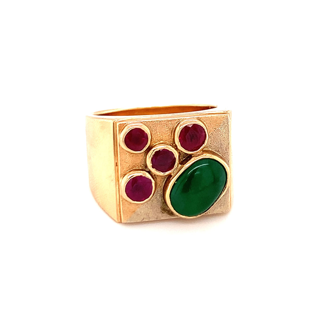 Jade & Ruby 18K Gold Ring, Retro, Circa 1940s
