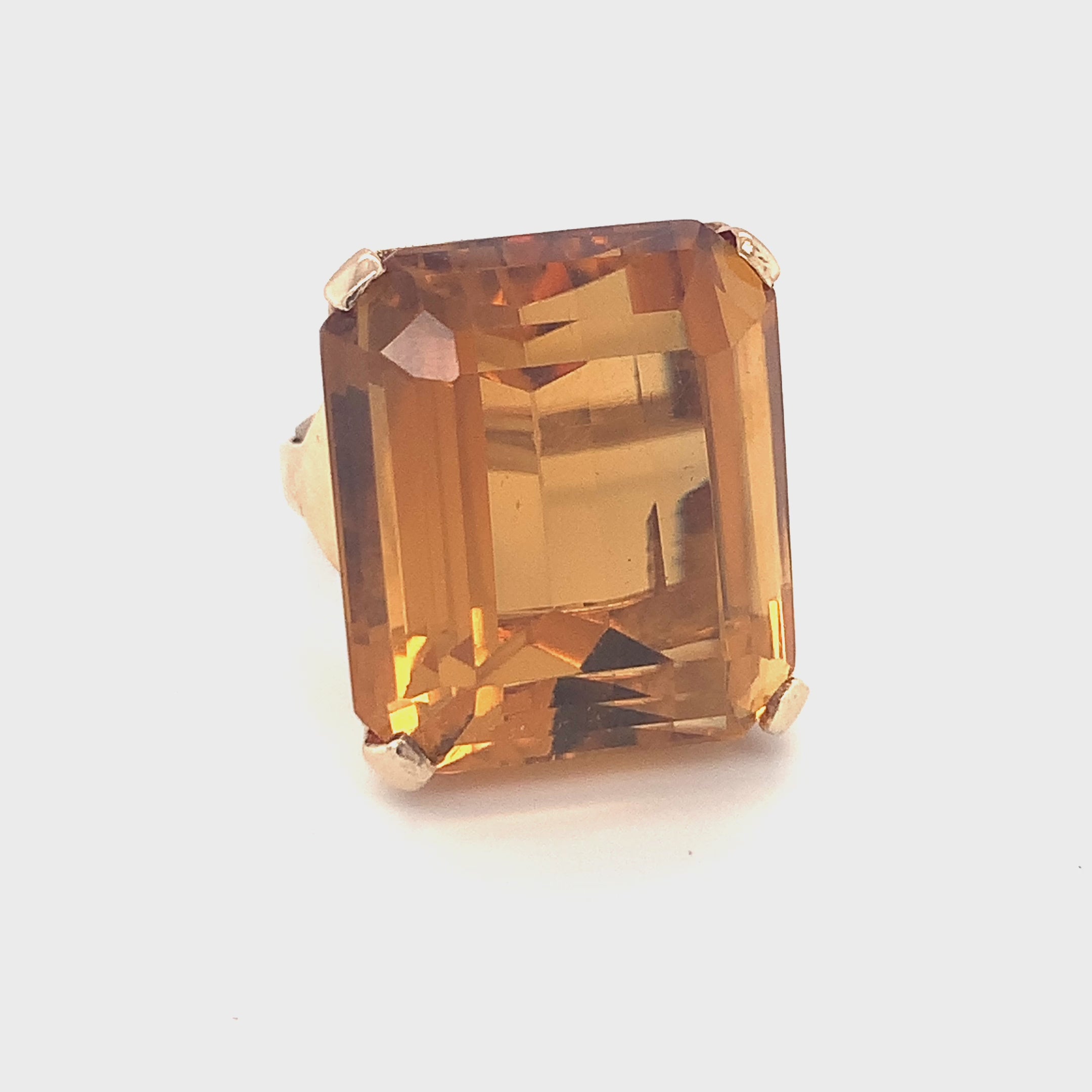 Retro 1940s Citrine 14K Rose Gold Ring, 50ct Cushion-Emerald Cut, Statement Cock