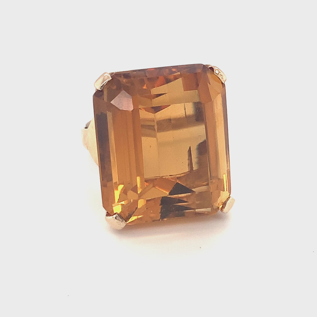 Retro 1940s Citrine 14K Rose Gold Ring, 50ct Cushion-Emerald Cut, Statement Cock