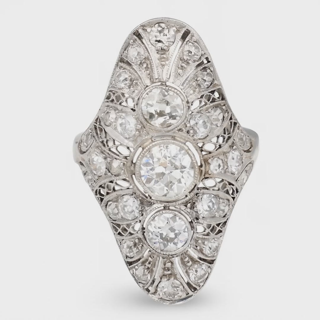 Art Deco Diamond Filigree Platinum Ring, 2.80ct, Handmade, 1920s