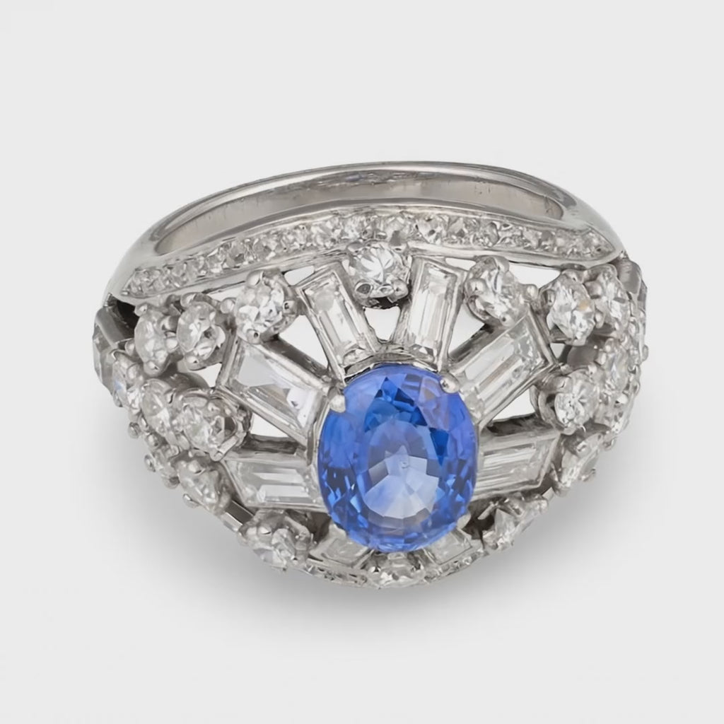Mauboussin 2.0ct Sapphire & 3.25ct Diamond Platinum Dome Ring, Circa 1950s