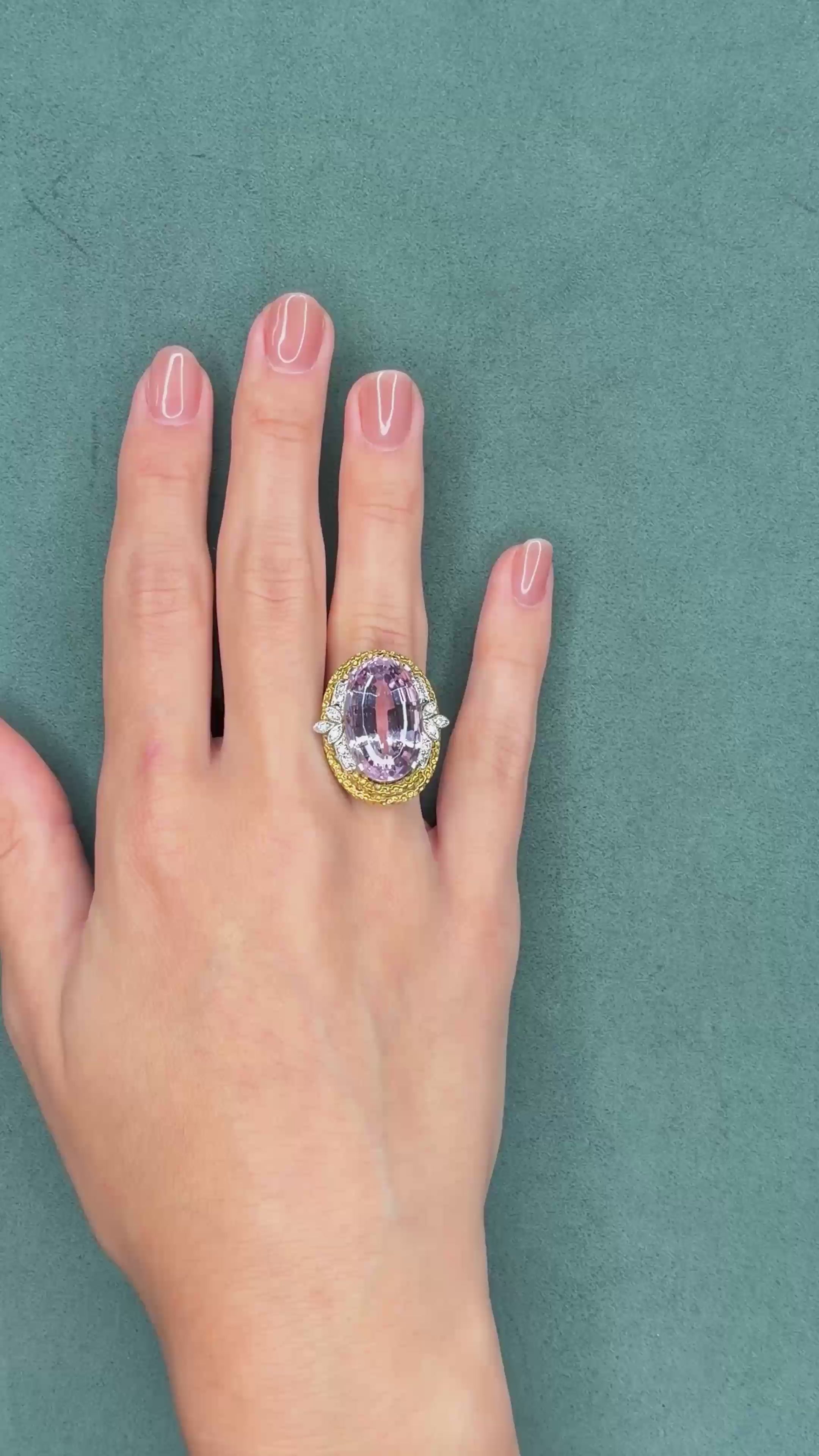 Vintage 25.4ct Kunzite and 0.25ct Diamond 18K Yellow Gold and Platinum Ring, circa 1960s