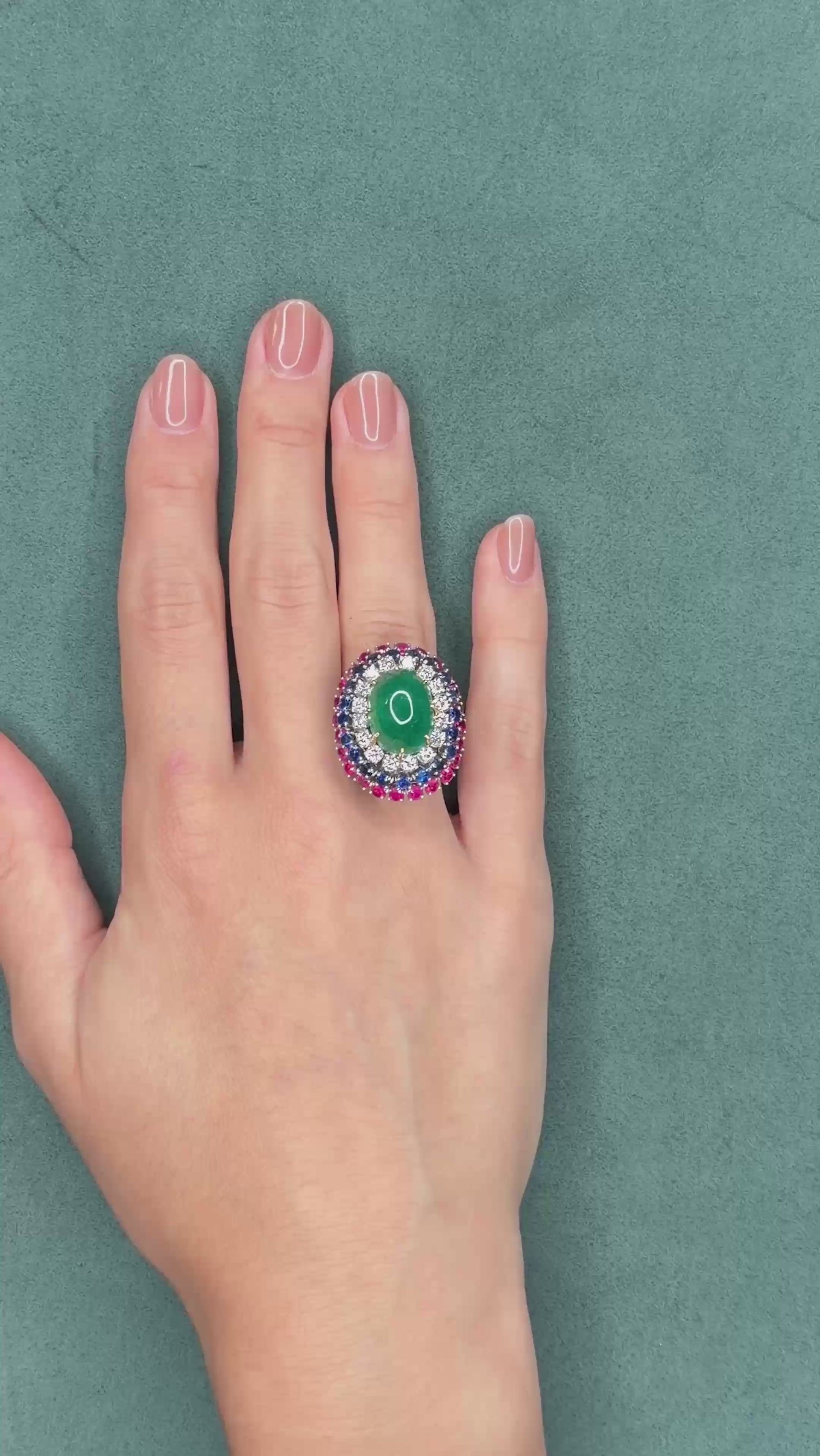 Multi-Gem Bombe Cocktail Ring, Cabochon 11.0ct Emerald, Ruby, Sapphire and Diamond
