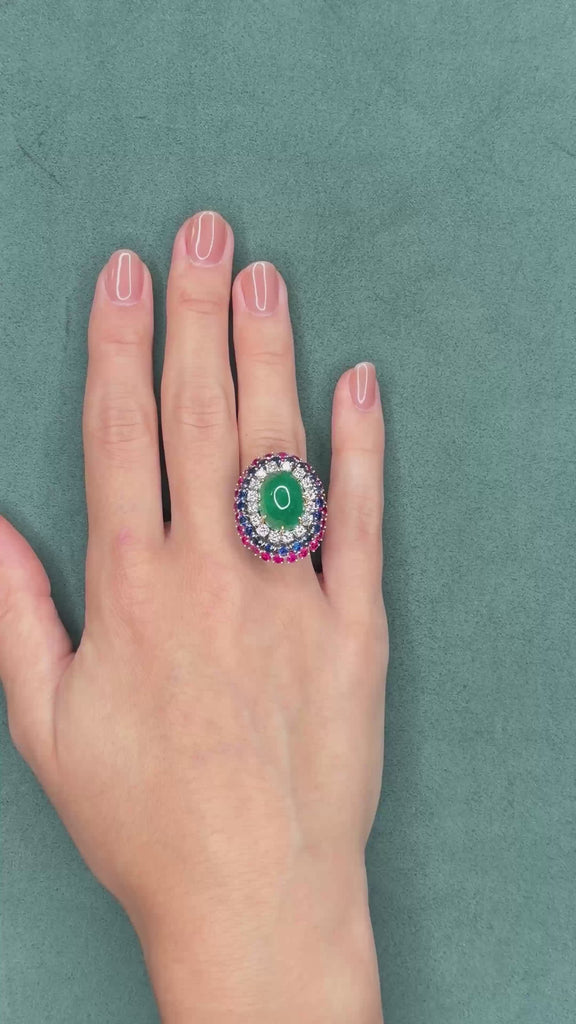 Multi-Gem Bombe Cocktail Ring, Cabochon 11.0ct Emerald, Ruby, Sapphire and Diamond
