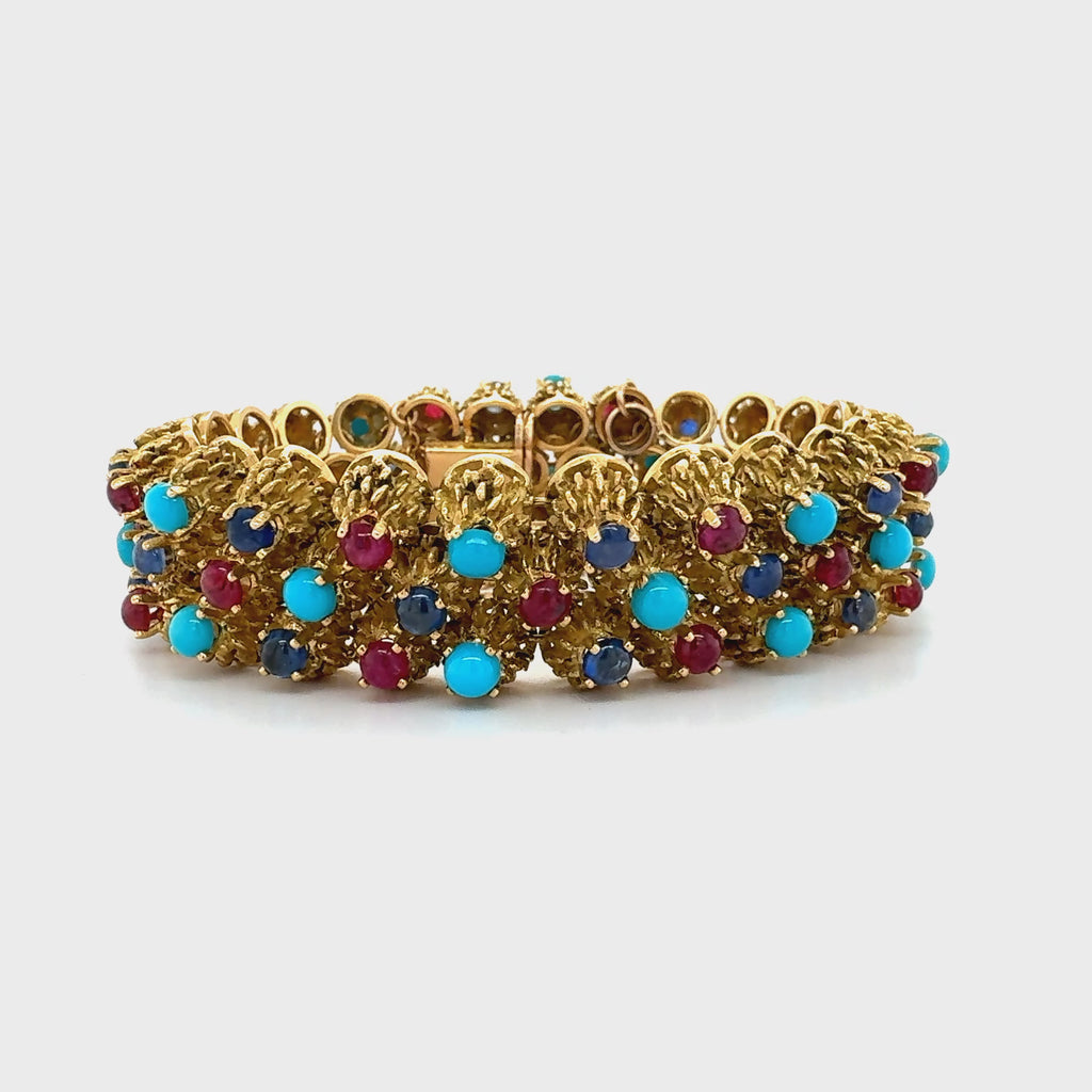 Balogh 18K Gold Ruby, Sapphire, and Turquoise Cabochon Bracelet, Circa 1960s