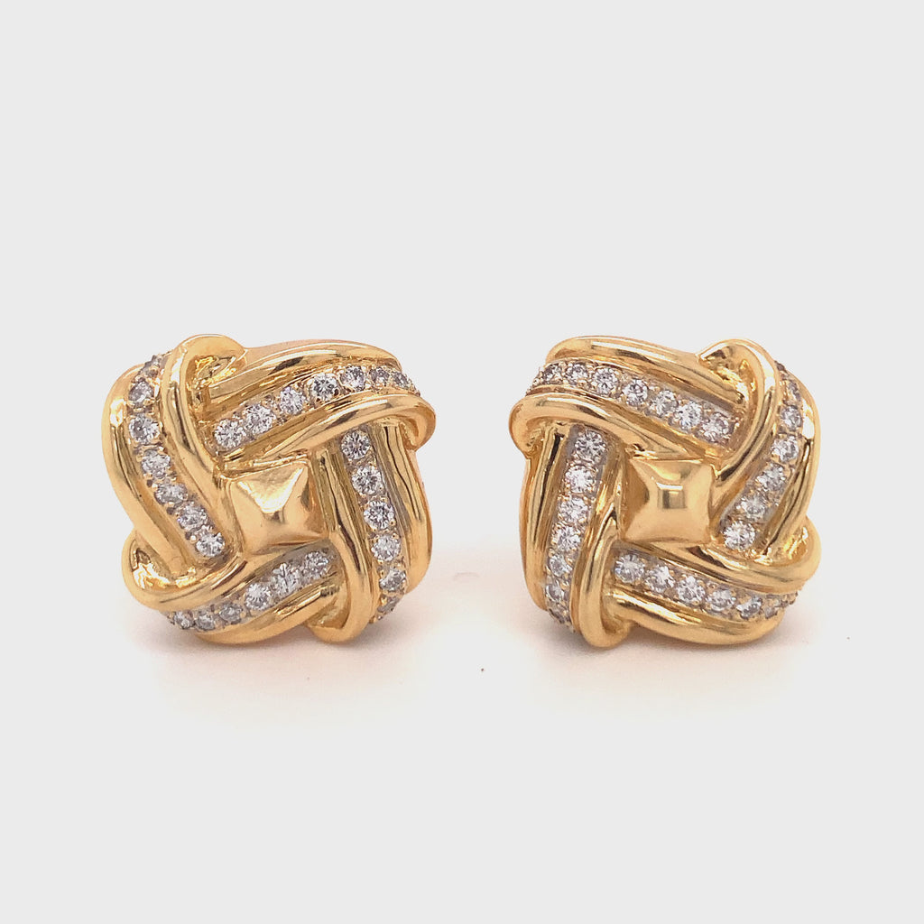 Diamond 18k Yellow Gold Knot Earclips, circa 1960s