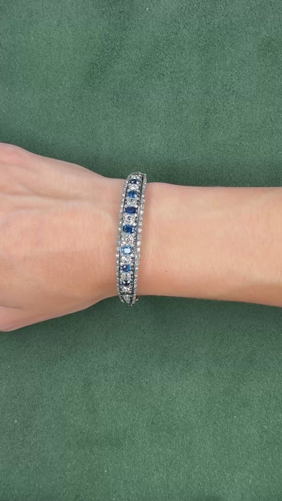 Victorian 3.75ct Sapphire and 5.0ct Diamond Cuff Bracelet, Silver-Topped Gold, Circa 1900s