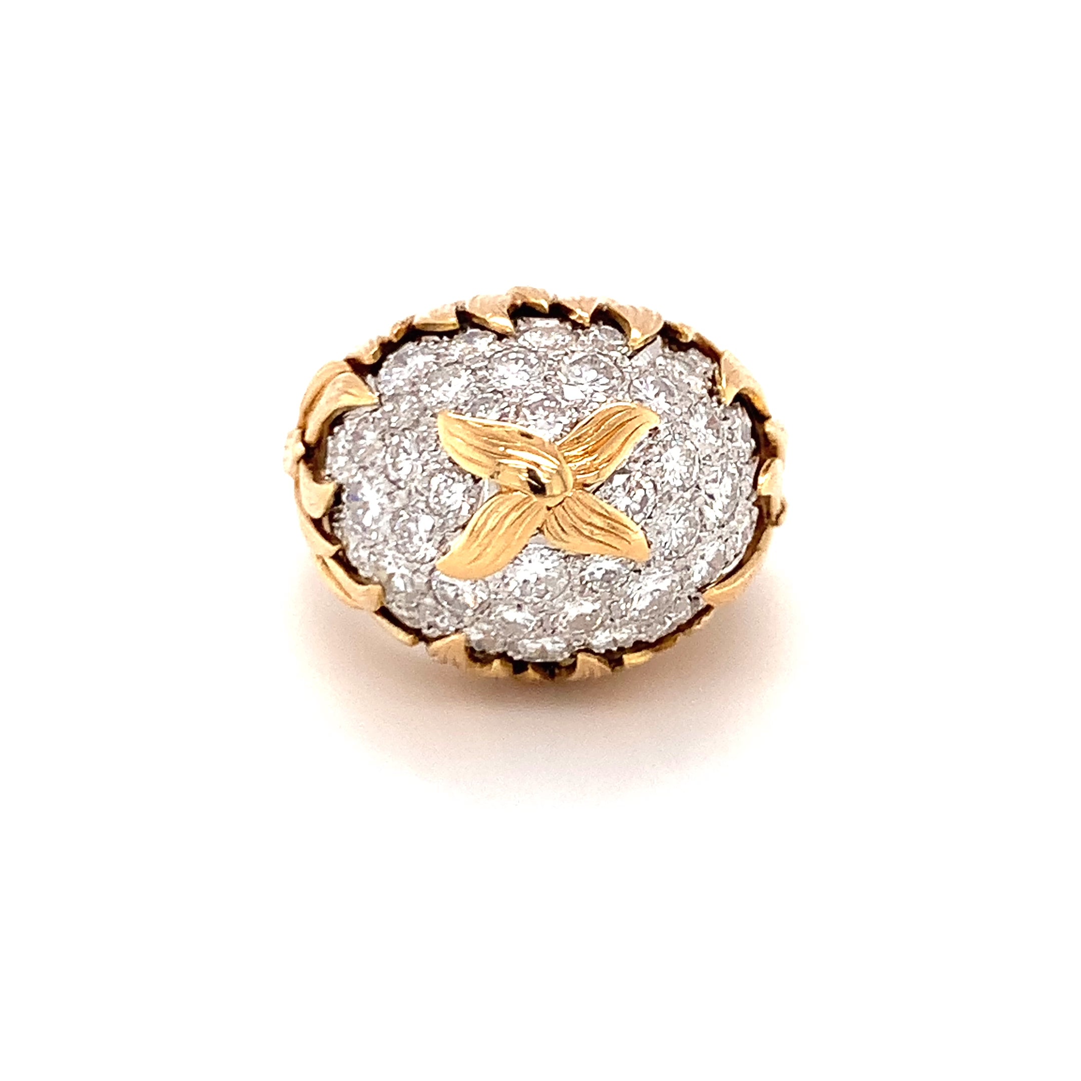 French 1960s Diamond Pave Dome Ring, 3ct Flame Motif, 18K Yellow Gold
