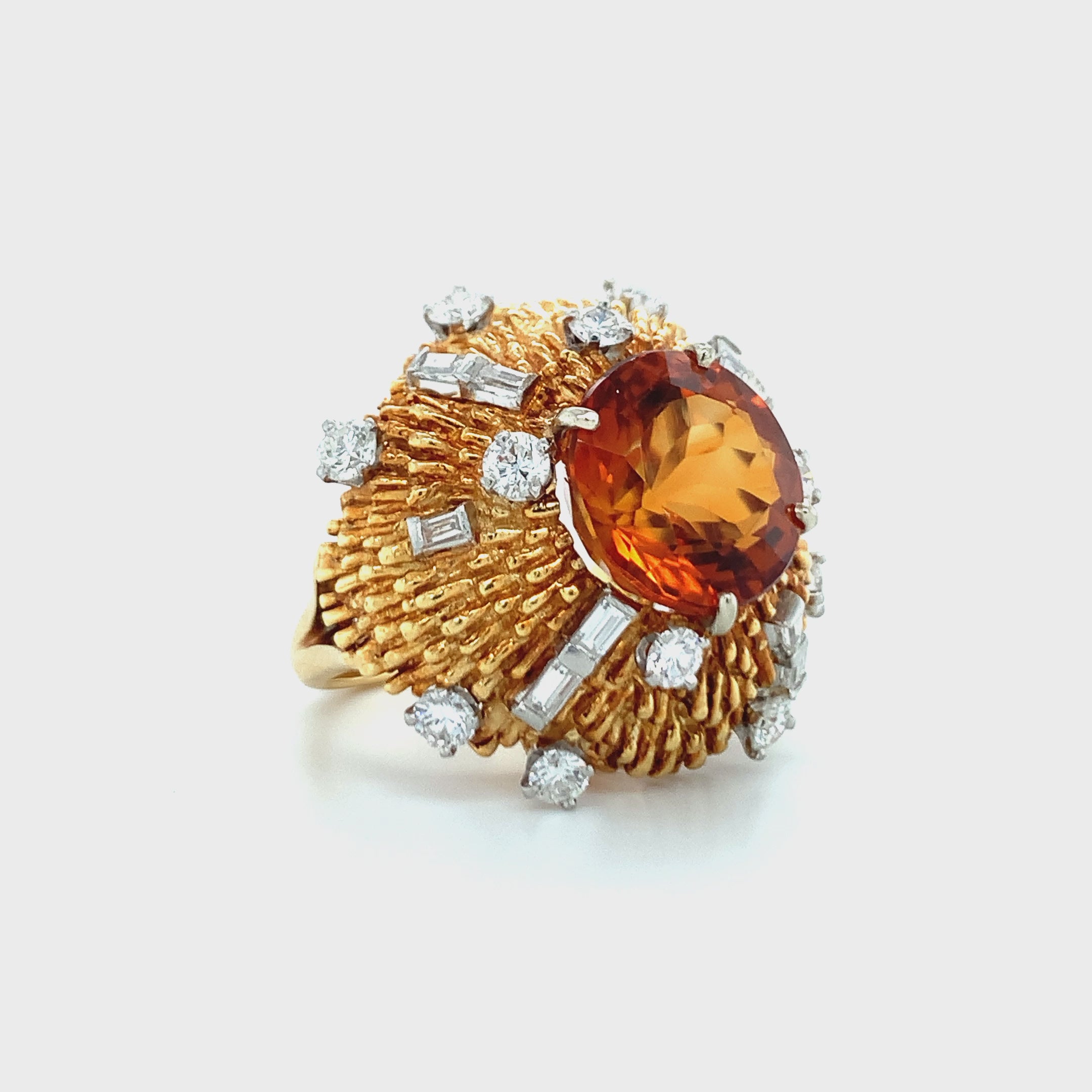 Vintage 1960s Citrine and Diamond 18K Gold and Platinum Starburst Ring, 7ct Citr